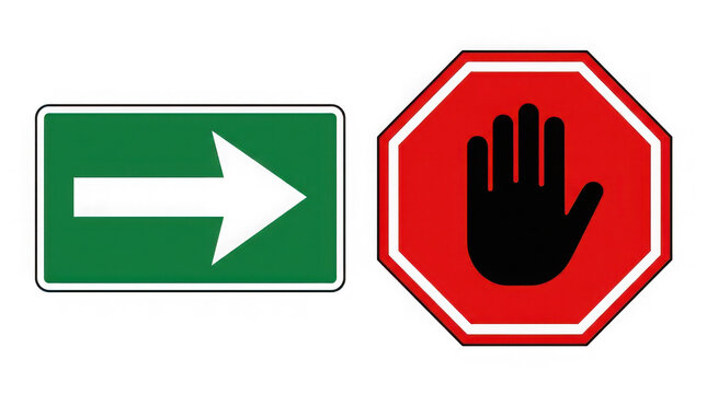 Set of green and red signal signs with arrow and hand stop symbols.