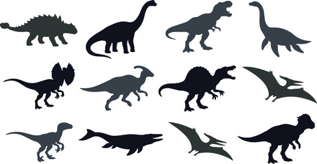 A comprehensive vector collection of diverse dinosaur silhouettes from the prehistoric era . Tyrannosaurus rex, pterodactyl, brachiosaurus,   © M studio