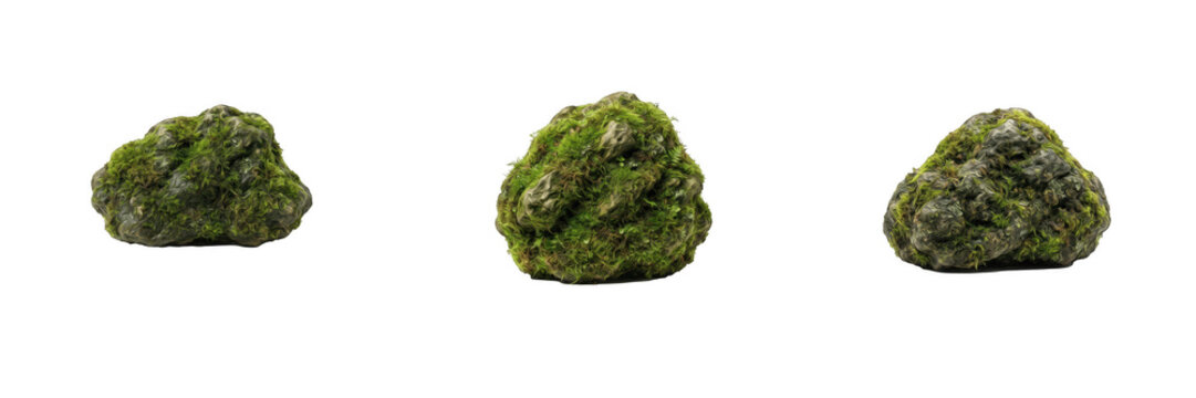 Moss covered stones isolated on white background, natural green mossy rocks PNG graphic element for landscape design and nature projects