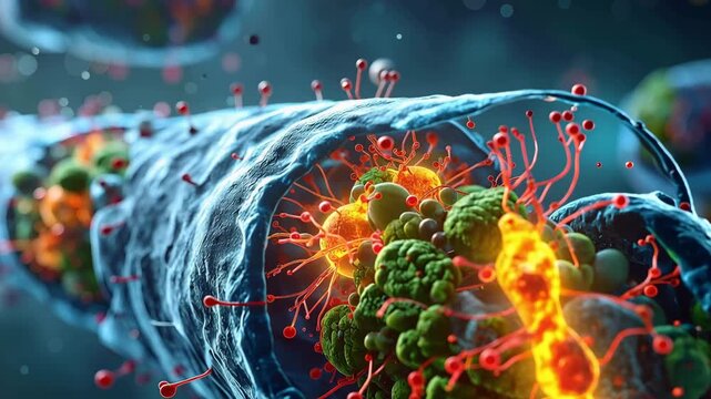Microscopic Voyage: A 3D render depicts a close-up view of a blood vessel teeming with vibrant, colorful microorganisms, illustrating a microscopic world of cellular activity and potential infection.