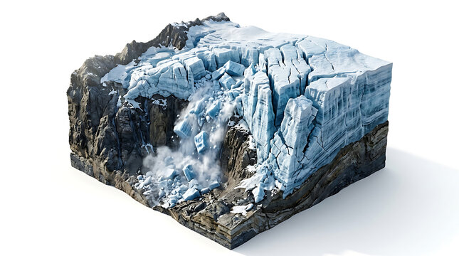 Detailed 3D Cross Section of an Isolated Glacial Mountain Landscape on White Background