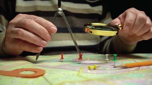 Individual using compass and magnifying glass to analyze a map with colored push pins and a pencil, showcasing detailed examination of geographical locations and planning in a dimly lit workspace