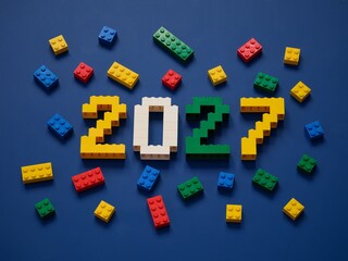 Fototapeta premium Tambov, Russian Federation - October 13, 2024 Lego numbers 2027 with Lego bricks on a blue background.