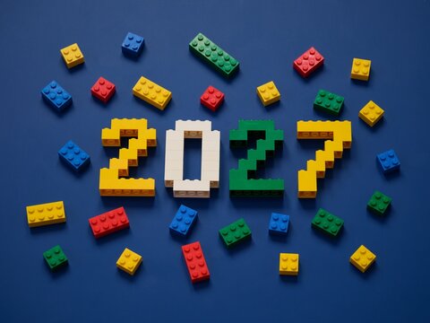 Tambov, Russian Federation - October 13, 2024 Lego numbers 2027 with Lego bricks on a blue background.