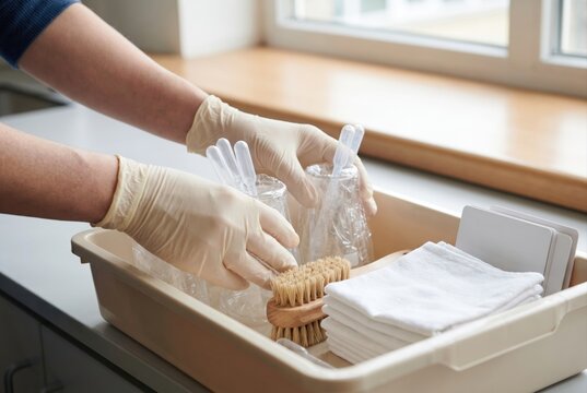 Hands in latex gloves washing laboratory glass beakers and pipettes in a plastic tray