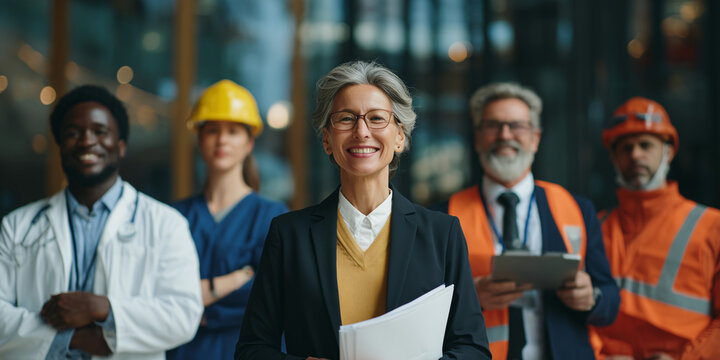 Diverse Group of Professionals Representing Various Industries with Confident Businesswoman