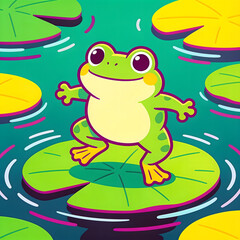 Obraz premium Cute Cartoon Frog Standing on Lily Pad in Pond