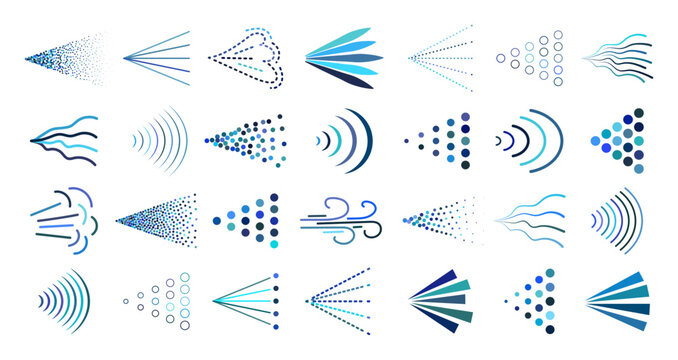 Spray mist icon pack isolated on transparent background. Blue spray steam icons. Fluid, air, aerosol cloud, nebulizer, steam spraying symbols set. Vector png