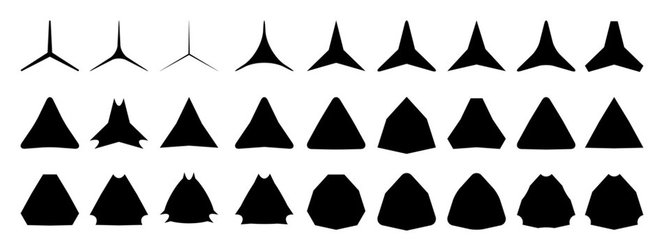 Set of black stars icons. Star shapes collection. Minimalist simple stars pack. Christmas star objects isolated on transparent background. Vector png