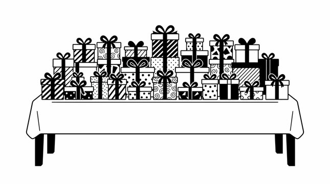 A festive arrangement of numerous wrapped gifts in various sizes and patterns, neatly stacked on a table covered with a tablecloth, depicted in a black and white line art style