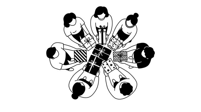 A top-down view of seven people sitting in a circle around a pile of wrapped gifts, suggesting a celebration or gift exchange