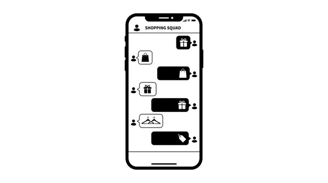 Smartphone displaying a shopping app interface with various product icons and chat bubbles, illustrating online retail experience