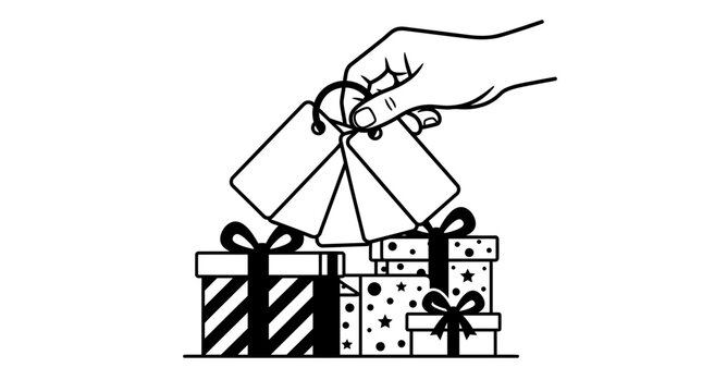 A hand holding shopping bags above a stack of gift boxes. The image is a black and white illustration