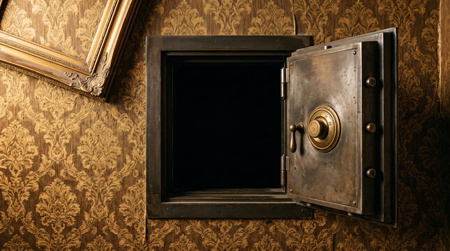 Heavy steel vault door standing open on floral vintage wallpaper background showing dark empty compartment for security and finance concept depicting private wealth storage and safety.