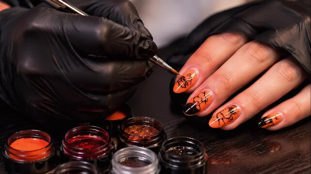 Nail artist painting Halloween-themed design on manicured nails  