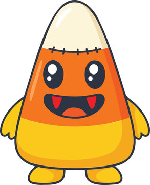 Cute cartoon candy corn character with vampire teeth isolated on a clean white background