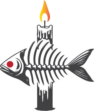 Graphic illustration of a fish skeleton bones combined with a burning wax candle icon design