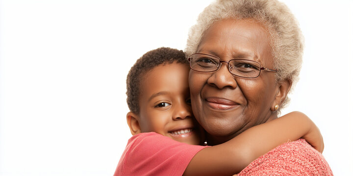 Happy African American Grandmother and Grandson Share a Loving Hug