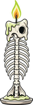 A spooky burning candle shaped like a human skeleton spine isolated on a white background