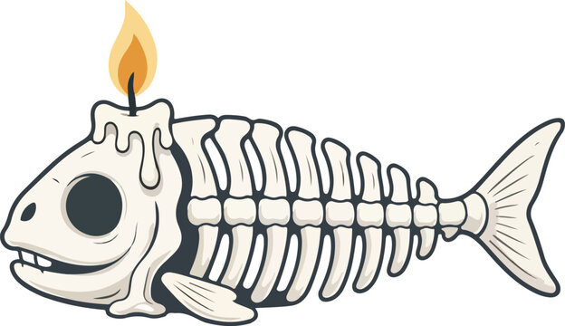 Cartoon fish skeleton with a burning candle on its head isolated on a white background