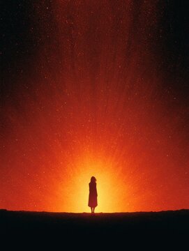 A female silhouette stands in the center of a wide banner, surrounded by dark space and a warm amber glow, promoting womens health empowerment.