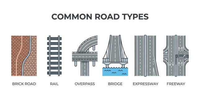 Various road types illustration with white background and labeled examples roads street streets highway freeway expressway railroad railway brick rail track overpass bridge