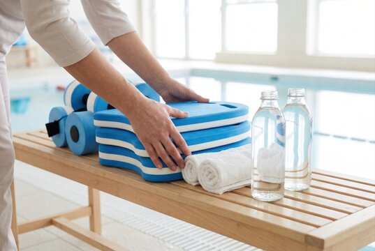 Person organizing blue swimming kickboards white towels and water bottles on a wooden bench near a pool