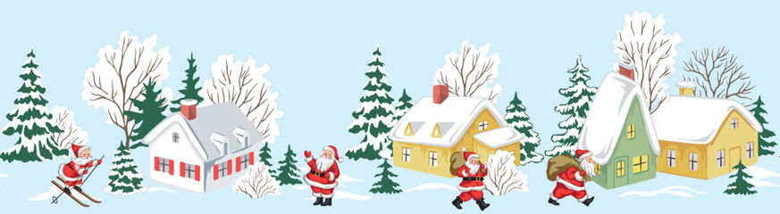 Christmas landscape, fir tree, house, snow, Santa Claus seamless border. Winter village holiday mural. © good_mood