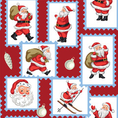 Christmas postage, Santa Claus, ball seamless pattern. Holiday decoration. © good_mood