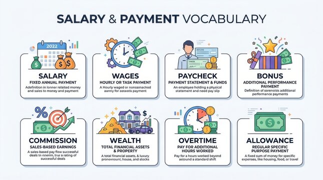 Vector illustration of salary and payment vocabulary concepts with colorful graphics compensation earnings income remuneration pay wages bonus commission allowance overtime wealth paycheck