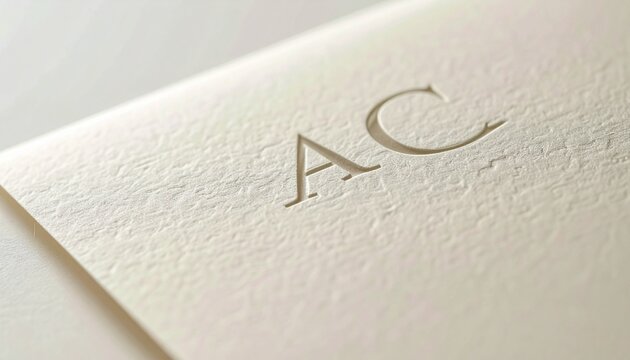 Embossed AC monogram on textured cream paper, minimalist elegant serif initials