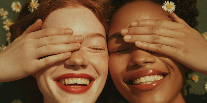 Two Diverse Young Women Playfully Covering Eyes With Hands Smiling