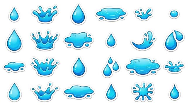 Collection of blue water droplets and splashes on a white background a vector illustration aqua aqueous bubble clear cool drop drops fluid fresh