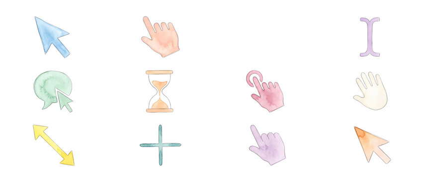 Watercolor Mouse Cursors Icon Set with hand pointer arrow hourglass and web navigation symbols isolated on white background for creative website design UI UX interface elements collection illustration