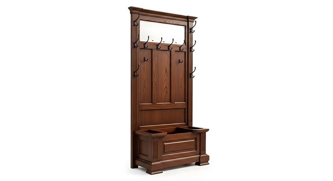 Classic dark wood hall tree with integrated bench storage and decorative metal coat hooks with displays traditional dark