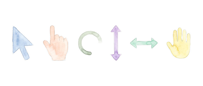 Watercolor mouse cursor pointer icons set featuring arrow pointer, hand click, loading symbol, and direction arrows isolated on a white background for modern minimalist web UI design.