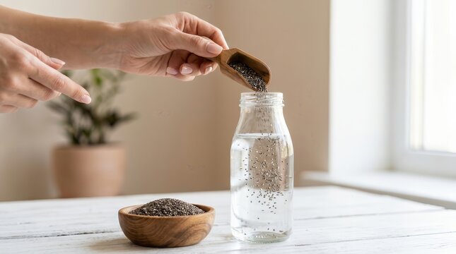 Person pouring chia seeds from a wooden scoop into a glass water bottle.