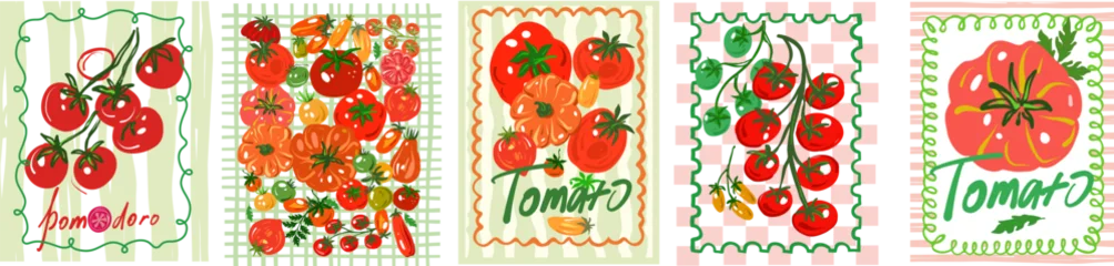 Colorful tomato label collection with hand drawn vegetables and vintage inspired vector illustrations © Viktoriia Protsak