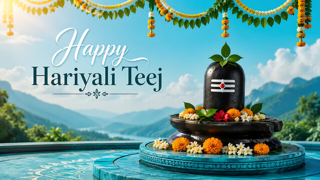 Happy hariyali teej sacred shiva lingam decorated with marigold jasmine flowers and bilva leaves overlooking mountains for kajari teej worship celebration festival