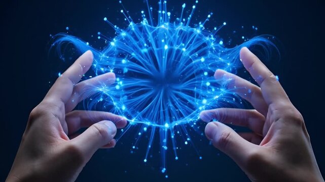 Human hands holding glowing blue energy sphere between fingertips, light radiating fingers palms skin, digital orb, virtual connection wrist.