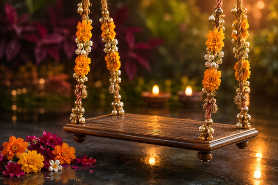 Happy hariyali teej ornate wooden swing decorated with marigold jasmine garlands above reflective floor and glowing lamps for kajari teej celebration ceremony