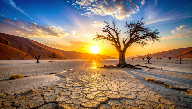Breathtaking sunset over deadvlei namibia desert with dead camel thorn trees and red dunes