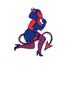 Female devil pinup illustration sitting in blue outfit with horned tail