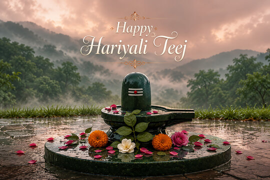 Happy hariyali teej sacred shiva lingam decorated with flowers on rainy mountain terrace representing devotional worship during traditional kajari teej festival celebration