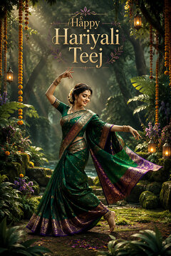 Happy hariyali teej graceful indian woman dancing in emerald saree among marigold garlands and lanterns celebrating kajari teej in monsoon forest garden