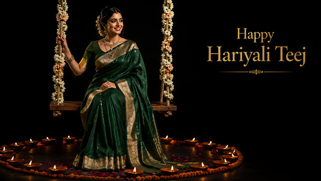 Happy hariyali teej smiling indian woman in green saree seated on floral swing surrounded by glowing lamps celebrating traditional kajari teej festival