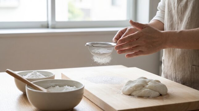 Hands sifting white powdered sugar or flour through a metal strainer onto a wooden board