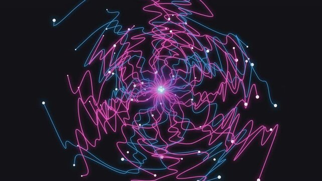 Abstract neon neural network motion graphic. Digital synapse connection loop background.