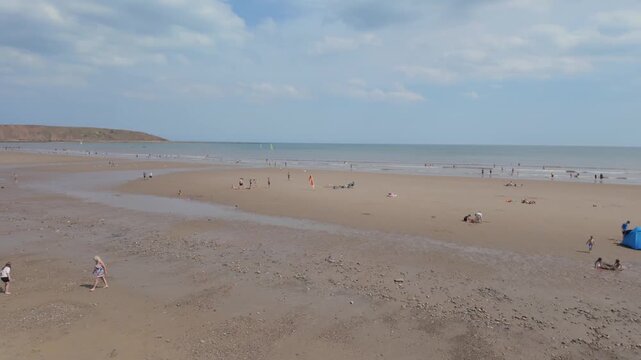 Drone 50FPS. Filey, South yorkshire. English seaside town. Summer holidays. 