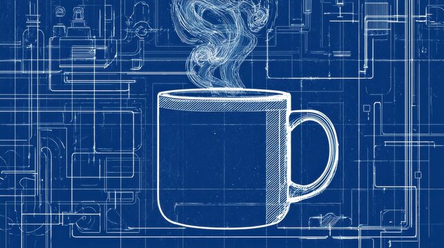 A mug with steam rises above it on a blue blueprint background. The design shows details in clean white lines, creating a cozy vibe.